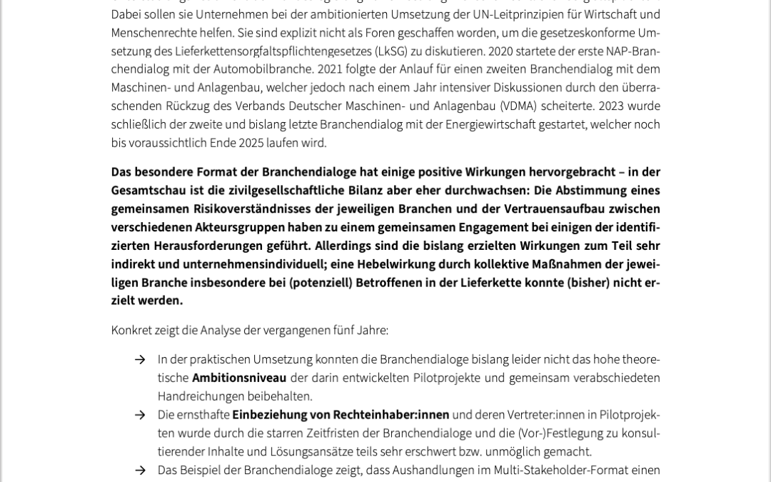 Kurzzsammenfassung: Fünf Jahre Branchendialog. Eine zivilgesellschaftliche Bilanz